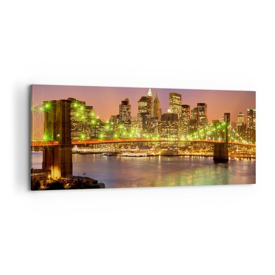 Obraz na płótnie - Tu światło nigdy nie gaśnie - 120x50cm - Miasto Nowy Jork Brooklyn Bridge - Nowoczesny obraz na ścianę do salonu do sypialni ARTTOR ARTTOR