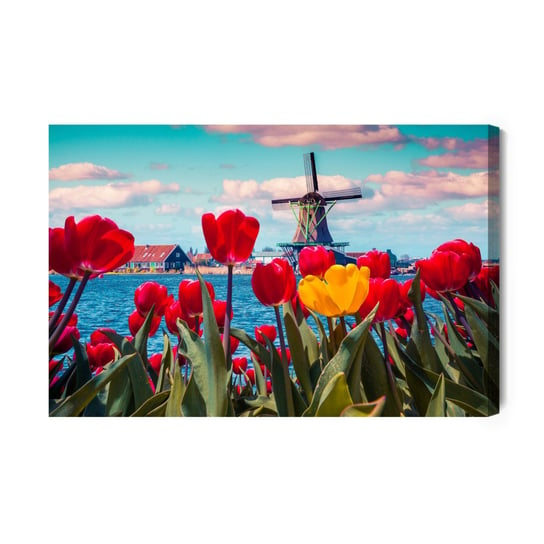 Obraz Na Płótnie Tulipany Na Tle Holenderskiego Wiatraka 30x20 NC Inna marka