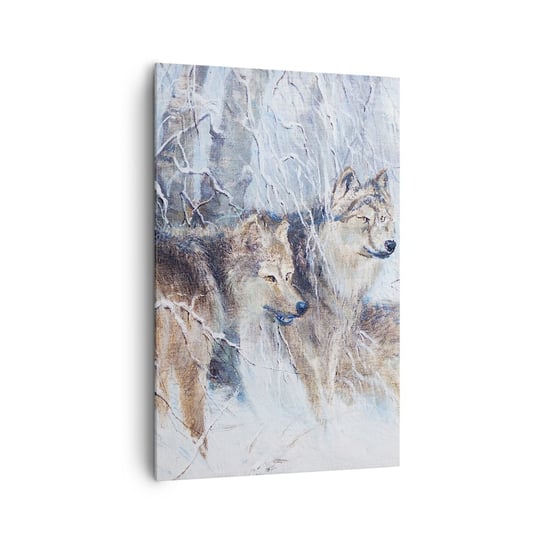 Obraz na płótnie - Uwaga! Nadchodzi… - 80x120cm - Zwierzęta Wilki Las - Nowoczesny obraz na ścianę do salonu do sypialni ARTTOR ARTTOR