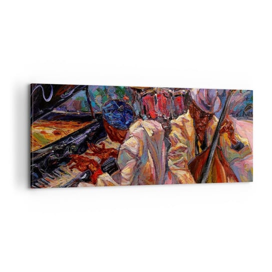 Obraz na płótnie - W jednym rytmie - 100x40cm - Muzyka Jazz Kontrabas - Nowoczesny foto obraz w ramie do salonu do sypialni ARTTOR ARTTOR