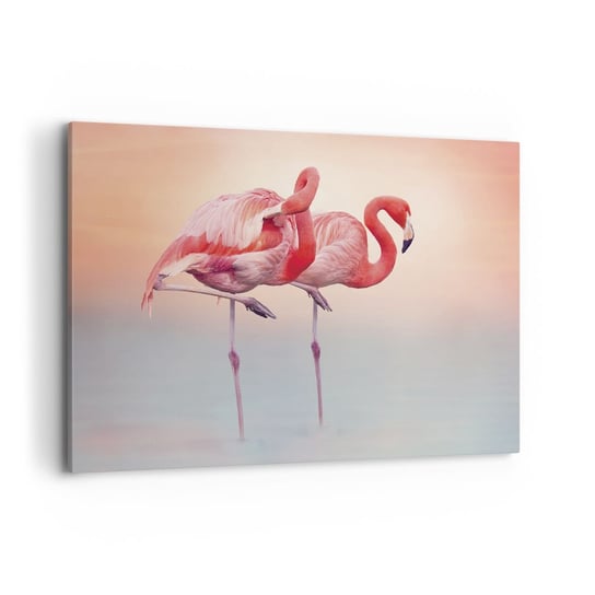 Obraz na płótnie - W kolorze zachodzącego słońca - 100x70cm - Flamingi Ptaki Natura - Nowoczesny foto obraz w ramie do salonu do sypialni ARTTOR ARTTOR