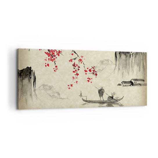 Obraz na płótnie - W kraju kwitnącej wiśni - 100x40cm - Krajobraz Japonia Rybak - Nowoczesny foto obraz w ramie do salonu do sypialni ARTTOR ARTTOR