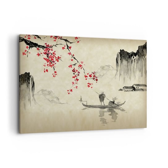 Obraz na płótnie - W kraju kwitnącej wiśni - 100x70cm - Krajobraz Japonia Rybak - Nowoczesny foto obraz w ramie do salonu do sypialni ARTTOR ARTTOR