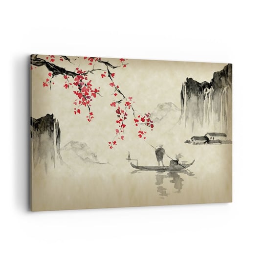 Obraz na płótnie - W kraju kwitnącej wiśni - 120x80cm - Krajobraz Japonia Rybak - Nowoczesny obraz na ścianę do salonu do sypialni ARTTOR ARTTOR
