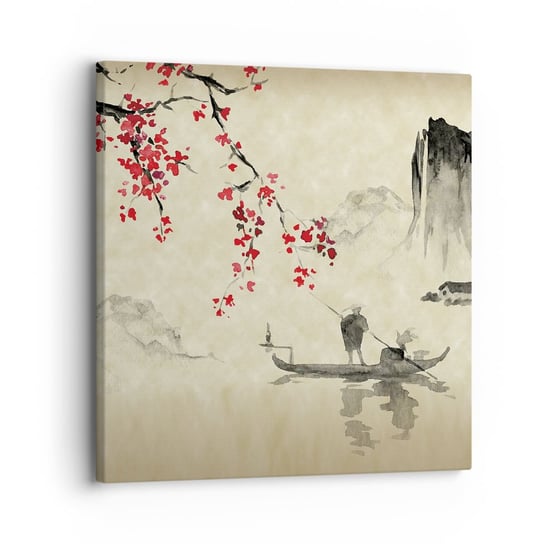Obraz na płótnie - W kraju kwitnącej wiśni - 30x30 cm - Obraz nowoczesny - Krajobraz, Japonia, Rybak, Sztuka, Sepia - AC30x30-5020 ARTTOR