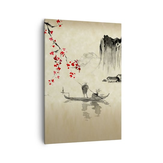 Obraz na płótnie - W kraju kwitnącej wiśni - 70x100cm - Krajobraz Japonia Rybak - Nowoczesny foto obraz w ramie do salonu do sypialni ARTTOR ARTTOR