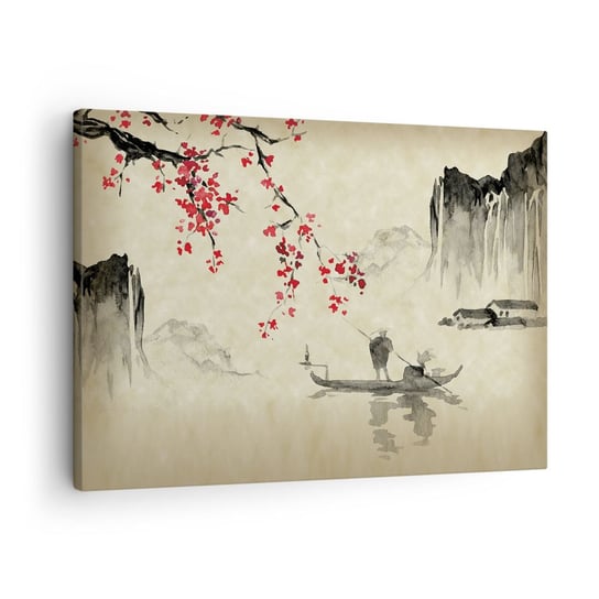 Obraz na płótnie - W kraju kwitnącej wiśni - 70x50cm - Krajobraz Japonia Rybak - Nowoczesny Canvas obraz do salonu do sypialni ARTTOR ARTTOR