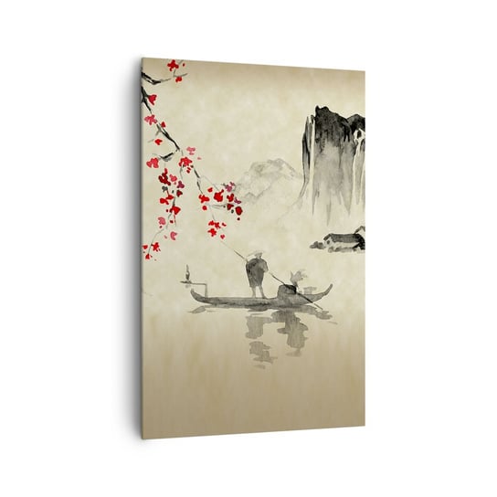 Obraz na płótnie - W kraju kwitnącej wiśni - 80x120cm - Krajobraz Japonia Rybak - Nowoczesny obraz na ścianę do salonu do sypialni ARTTOR ARTTOR