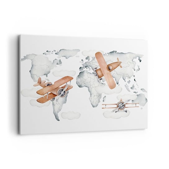 Obraz na płótnie - W pionierskim duchu - 100x70cm - Mapa Świata Samoloty Dziecięce - Nowoczesny foto obraz w ramie do salonu do sypialni ARTTOR ARTTOR