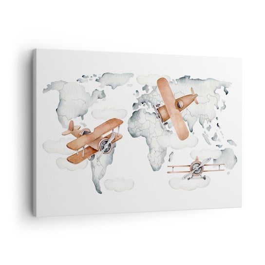 Obraz na płótnie - W pionierskim duchu - 70x50cm - Mapa Świata Samoloty Dziecięce - Nowoczesny Canvas obraz do salonu do sypialni ARTTOR ARTTOR