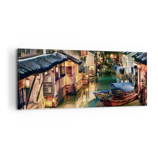 Obraz na płótnie - Wieczór na chińskiej ulicy - 120x50cm - Krajobraz Miasto Azja - Nowoczesny obraz na ścianę do salonu do sypialni ARTTOR ARTTOR