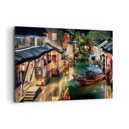 Obraz na płótnie - Wieczór na chińskiej ulicy - 120x80cm - Krajobraz Miasto Azja - Nowoczesny obraz na ścianę do salonu do sypialni ARTTOR ARTTOR