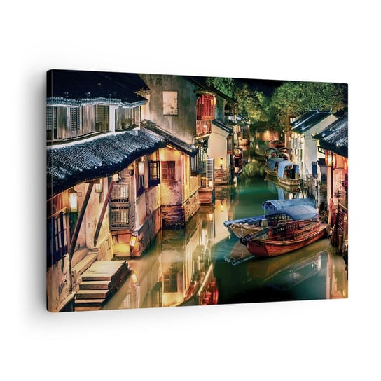 Obraz na płótnie - Wieczór na chińskiej ulicy - 70x50cm - Krajobraz Miasto Azja - Nowoczesny Canvas obraz do salonu do sypialni ARTTOR ARTTOR