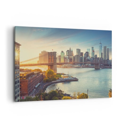 Obraz na płótnie - Wielkomiejski świt - 100x70cm - Nowy Jork Miasto Most Brookliński - Nowoczesny foto obraz w ramie do salonu do sypialni ARTTOR ARTTOR
