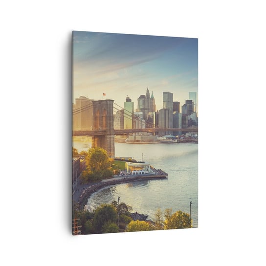 Obraz na płótnie - Wielkomiejski świt - 70x100cm - Nowy Jork Miasto Most Brookliński - Nowoczesny foto obraz w ramie do salonu do sypialni ARTTOR ARTTOR