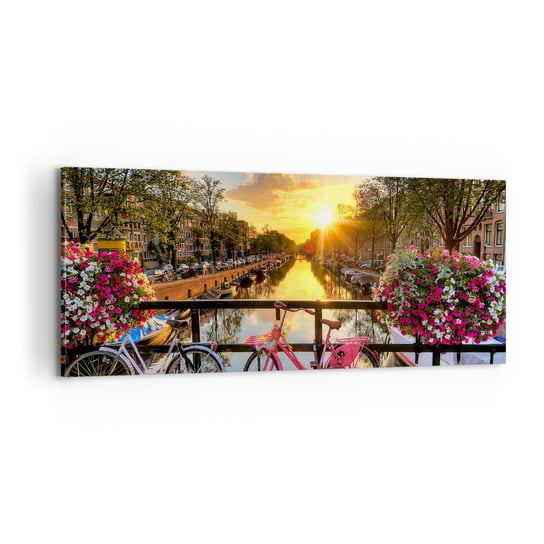 Obraz na płótnie - Wiosenny poranek w Amsterdamie - 100x40cm - Miasto Amsterdam Architektura - Nowoczesny foto obraz w ramie do salonu do sypialni ARTTOR ARTTOR