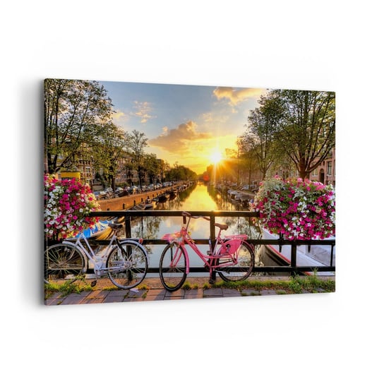 Obraz na płótnie - Wiosenny poranek w Amsterdamie - 100x70 cm - Obraz nowoczesny - Miasto, Amsterdam, Architektura, Most, Holandia - AA100x70-3081 ARTTOR