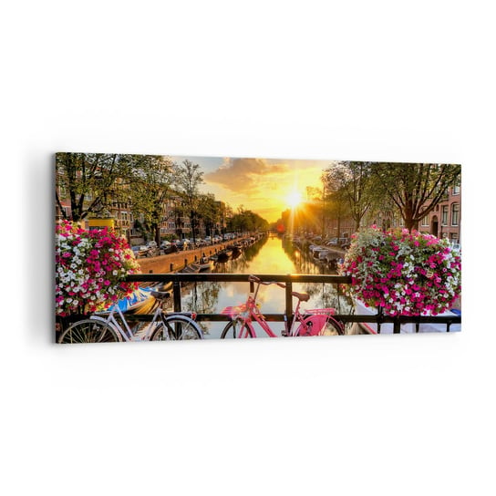 Obraz na płótnie - Wiosenny poranek w Amsterdamie - 120x50cm - Miasto Amsterdam Architektura - Nowoczesny obraz na ścianę do salonu do sypialni ARTTOR ARTTOR