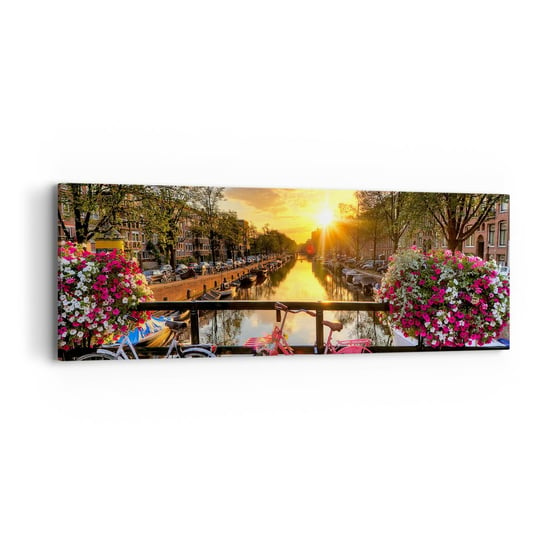 Obraz na płótnie - Wiosenny poranek w Amsterdamie - 90x30cm - Miasto Amsterdam Architektura - Nowoczesny Canvas obraz do salonu do sypialni ARTTOR ARTTOR