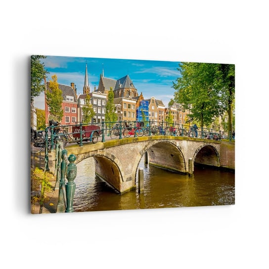 Obraz na płótnie - Wiosna nad kanałem - 100x70cm - Miasto Amsterdam Architektura - Nowoczesny foto obraz w ramie do salonu do sypialni ARTTOR ARTTOR