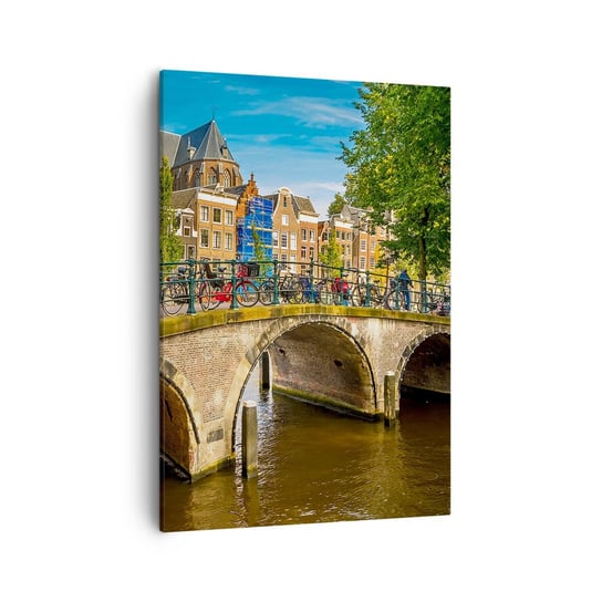 Obraz na płótnie - Wiosna nad kanałem - 50x70cm - Miasto Amsterdam Architektura - Nowoczesny Canvas obraz do salonu do sypialni ARTTOR ARTTOR