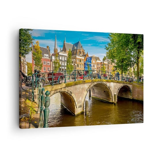 Obraz na płótnie - Wiosna nad kanałem - 70x50cm - Miasto Amsterdam Architektura - Nowoczesny Canvas obraz do salonu do sypialni ARTTOR ARTTOR