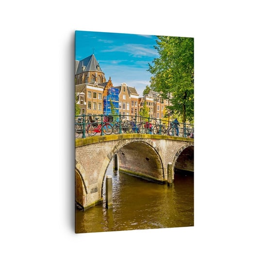 Obraz na płótnie - Wiosna nad kanałem - 80x120cm - Miasto Amsterdam Architektura - Nowoczesny obraz na ścianę do salonu do sypialni ARTTOR ARTTOR