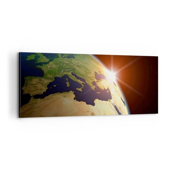 Obraz na płótnie - Wschód słońca - 100x40cm - Kosmos Kula Ziemska Kontynenty - Nowoczesny foto obraz w ramie do salonu do sypialni ARTTOR ARTTOR