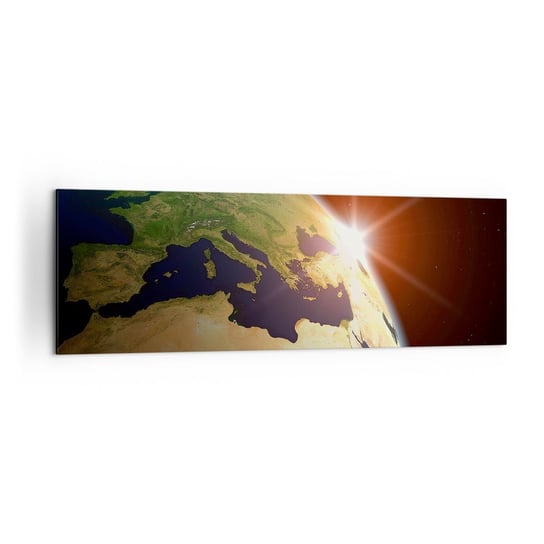 Obraz na płótnie - Wschód słońca - 160x50cm - Kosmos Kula Ziemska Kontynenty - Nowoczesny foto obraz w ramie do salonu do sypialni ARTTOR ARTTOR