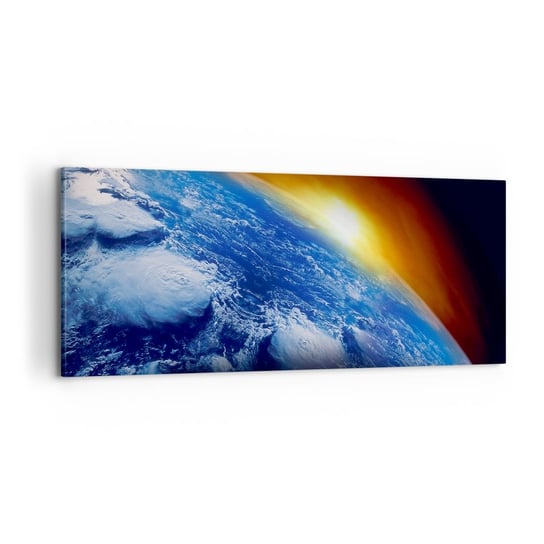 Obraz na płótnie - Wschód słońca nad błękitną planetą - 100x40cm - Abstrakcja 3D Kosmos - Nowoczesny foto obraz w ramie do salonu do sypialni ARTTOR ARTTOR