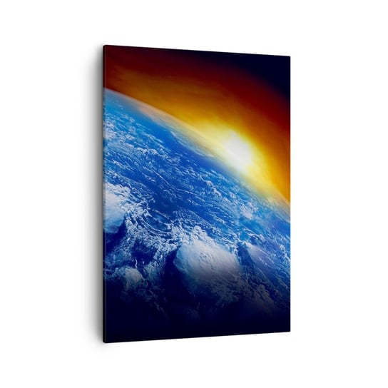 Obraz na płótnie - Wschód słońca nad błękitną planetą - 50x70cm - Abstrakcja 3D Kosmos - Nowoczesny Canvas obraz do salonu do sypialni ARTTOR ARTTOR