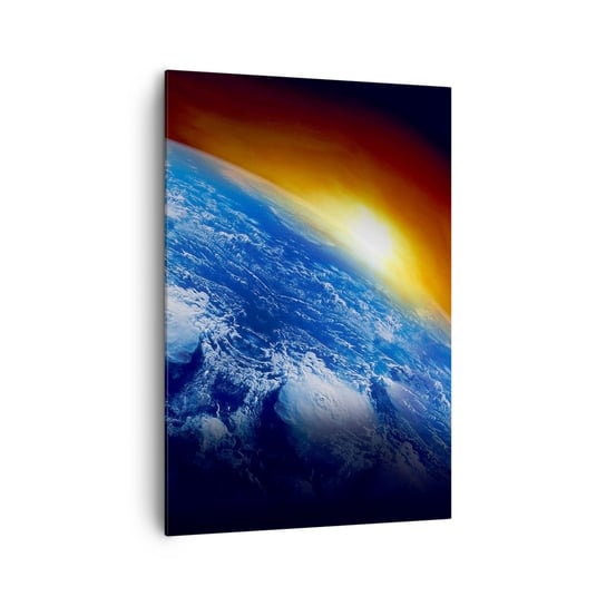 Obraz na płótnie - Wschód słońca nad błękitną planetą - 70x100cm - Abstrakcja 3D Kosmos - Nowoczesny foto obraz w ramie do salonu do sypialni ARTTOR ARTTOR