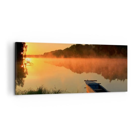 Obraz na płótnie - Wschód słońca nad wodą jak tafla lustra - 100x40cm - Krajobraz Jezioro Poranek - Nowoczesny foto obraz w ramie do salonu do sypialni ARTTOR ARTTOR