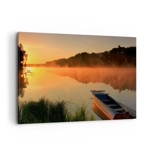 Obraz na płótnie - Wschód słońca nad wodą jak tafla lustra - 100x70cm - Krajobraz Jezioro Poranek - Nowoczesny foto obraz w ramie do salonu do sypialni ARTTOR ARTTOR