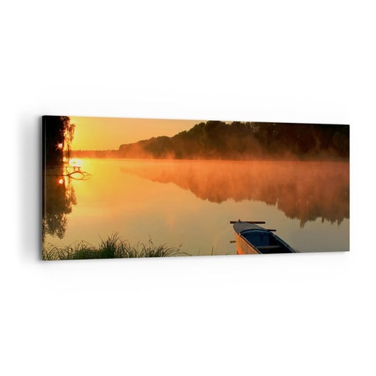 Obraz na płótnie - Wschód słońca nad wodą jak tafla lustra - 120x50cm - Krajobraz Jezioro Poranek - Nowoczesny obraz na ścianę do salonu do sypialni ARTTOR ARTTOR