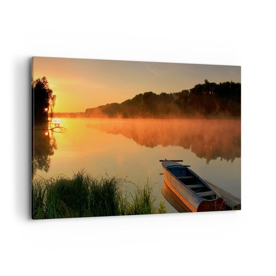 Obraz na płótnie - Wschód słońca nad wodą jak tafla lustra - 120x80cm - Krajobraz Jezioro Poranek - Nowoczesny obraz na ścianę do salonu do sypialni ARTTOR ARTTOR