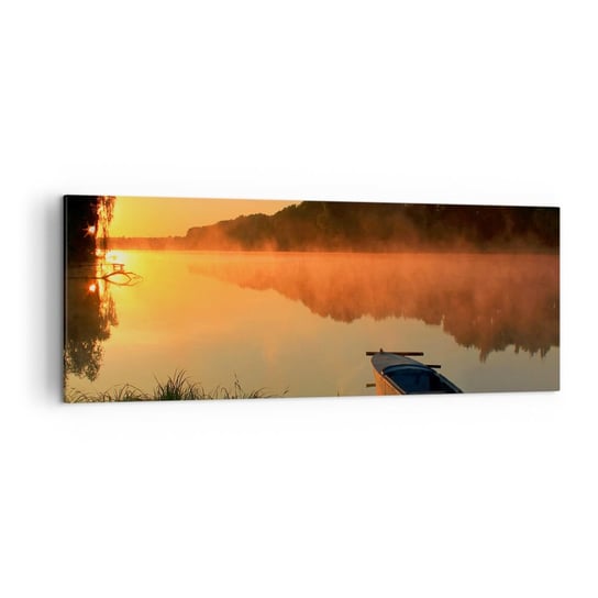 Obraz na płótnie - Wschód słońca nad wodą jak tafla lustra - 140x50cm - Krajobraz Jezioro Poranek - Nowoczesny Canvas obraz do salonu do sypialni ARTTOR ARTTOR