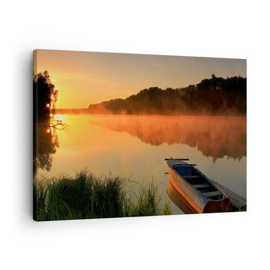 Obraz na płótnie - Wschód słońca nad wodą jak tafla lustra - 70x50 cm - Obraz nowoczesny - Krajobraz, Jezioro, Poranek, Zachód Słońca, Mgła - AA70x50-2538 ARTTOR