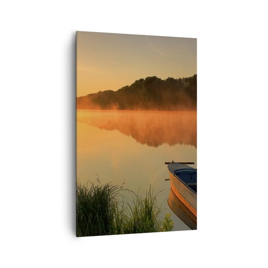 Obraz na płótnie - Wschód słońca nad wodą jak tafla lustra - 80x120cm - Krajobraz Jezioro Poranek - Nowoczesny obraz na ścianę do salonu do sypialni ARTTOR ARTTOR