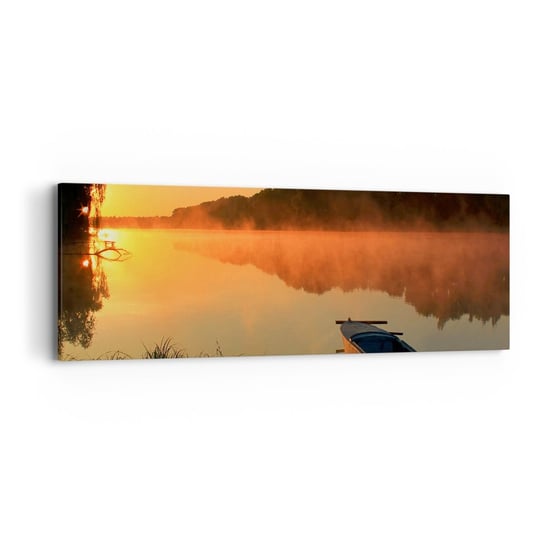 Obraz na płótnie - Wschód słońca nad wodą jak tafla lustra - 90x30cm - Krajobraz Jezioro Poranek - Nowoczesny Canvas obraz do salonu do sypialni ARTTOR ARTTOR