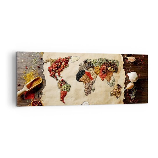Obraz na płótnie - Wszystkie smaki świata - 140x50 cm - Obraz nowoczesny - Gastronomia, Mapa Świata, Suszone Przyprawy, Kuchnia, Jedzenie - AB140x50-2832 ARTTOR
