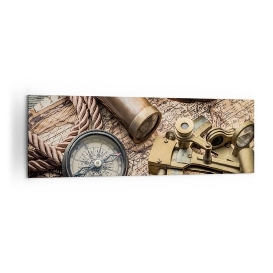 Obraz na płótnie - Wyznacz kurs - 160x50cm - Marynistyczne Mapa Świata Kompas - Nowoczesny foto obraz w ramie do salonu do sypialni ARTTOR ARTTOR