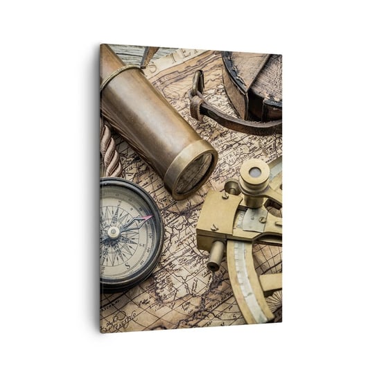 Obraz na płótnie - Wyznacz kurs - 50x70cm - Marynistyczne Mapa Świata Kompas - Nowoczesny Canvas obraz do salonu do sypialni ARTTOR ARTTOR
