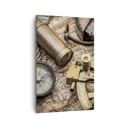 Obraz na płótnie - Wyznacz kurs - 80x120cm - Marynistyczne Mapa Świata Kompas - Nowoczesny obraz na ścianę do salonu do sypialni ARTTOR ARTTOR