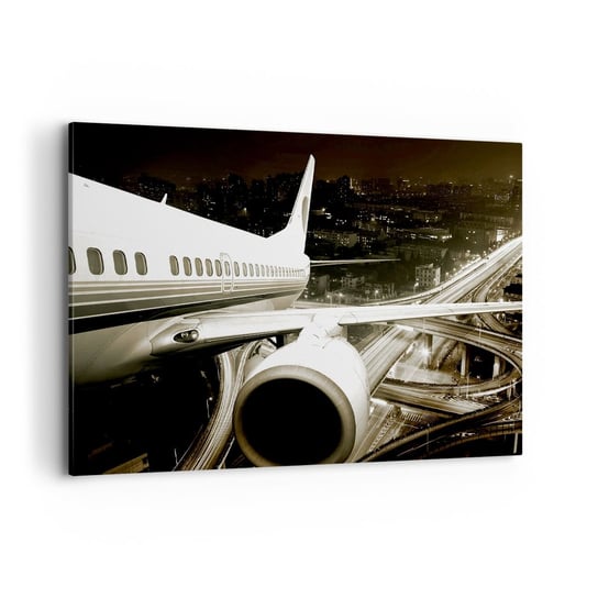 Obraz na płótnie - Wzlecieć w noc - 100x70cm - Samolot Miasto Motoryzacja - Nowoczesny foto obraz w ramie do salonu do sypialni ARTTOR ARTTOR