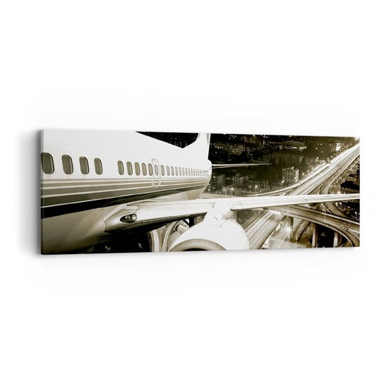 Obraz na płótnie - Wzlecieć w noc - 90x30cm - Samolot Miasto Motoryzacja - Nowoczesny Canvas obraz do salonu do sypialni ARTTOR ARTTOR