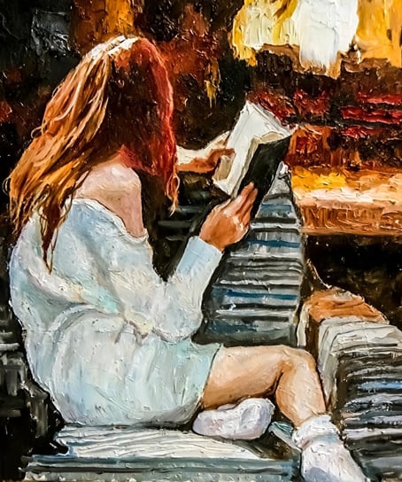 Obraz Na Płótnie Young Girl Comfortably Sits On A Sofa And Reads A Book Near The Fireplace. Oil Painting On Canvas. 100x70 Inna marka