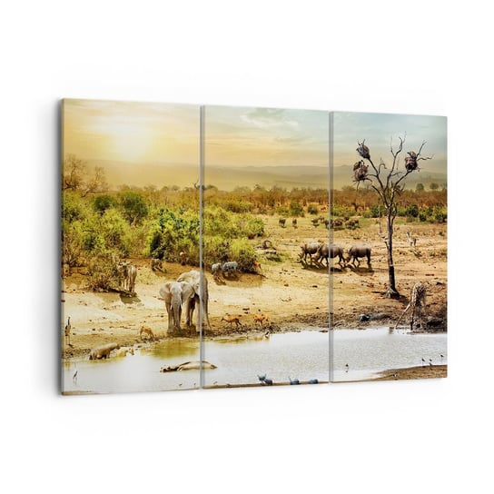 Obraz na płótnie - "Z Edenu zaś wypływała rzeka…" - 105x70 cm - Obraz nowoczesny - Sawanna, Zwierzęta, Afryka, Słoń, Hipopotam - CE105x70-3880 ARTTOR
