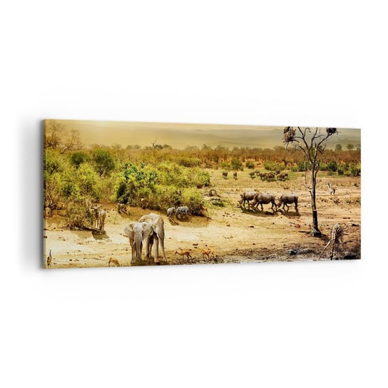 Obraz na płótnie - "Z Edenu zaś wypływała rzeka…" - 120x50 cm - Obraz nowoczesny - Sawanna, Zwierzęta, Afryka, Słoń, Hipopotam - AB120x50-3880 ARTTOR