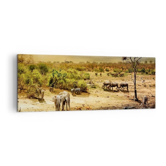Obraz na płótnie - "Z Edenu zaś wypływała rzeka…" - 140x50 cm - Obraz nowoczesny - Sawanna, Zwierzęta, Afryka, Słoń, Hipopotam - AB140x50-3880 ARTTOR